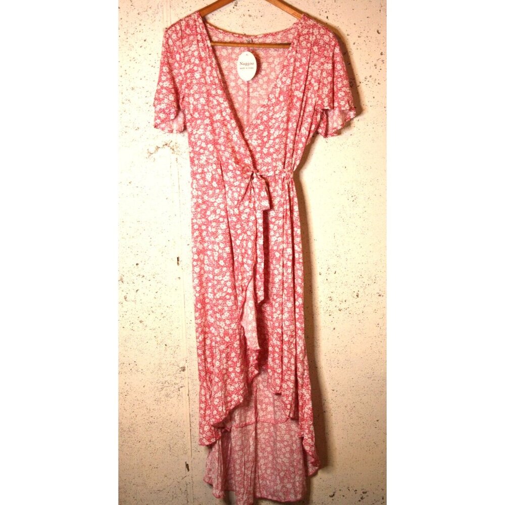 NWT Naggoo Womens M Wrap Maxi Long Dress Ruffle Flutter Sleeve Pink/White Floral